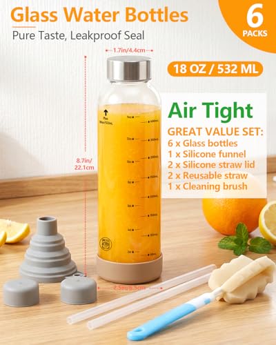 Image of Zukro Glass Juice Bottles with Stainless Steel Lids 18 oz, Airtight & Leak Proof, Non-Slip Bottom, Measured Markings, 6-Pack Reusable Clear Jars for Water, Juicing, Smoothie, Protein Shakes, BPA Free