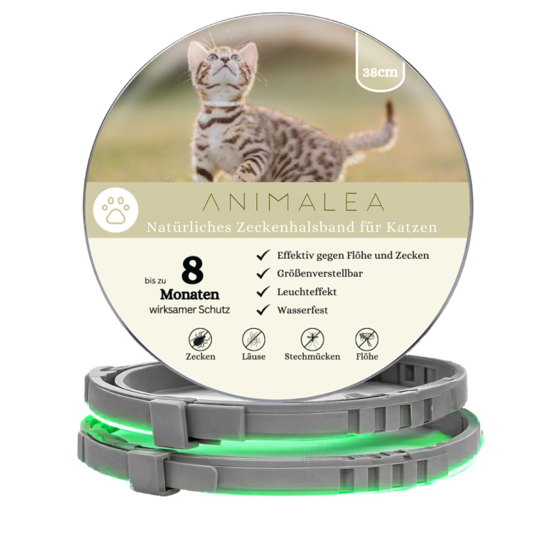 Animalea® NEU Zeckenhalsband für Katzen (2 Stück) - Länge 38cm - wirksamer Schutz gegen Zecken und Flöhe - wasserfest und Leuchtend bis zu 8 Monaten Zeckenschutz mit 100% natürlichen Inhaltsstoffen