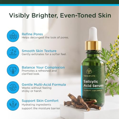 Image of Tree of Life 2% Salicylic Acid Serum for Face w /AHA & PHA Liquid - Pore Minimizer & Clogged Pores Treatment - Suitable for Sensitive Skin - 2 Fl Oz | Clarifying BHA to Minimize Clogged Pores.