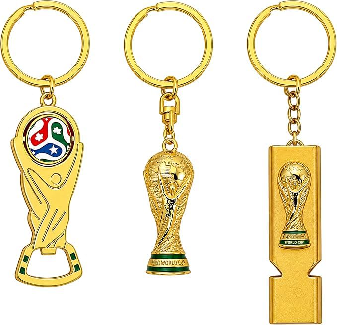 LazyGoose World Cup Trophy Keychain 3 Pack Soccer Fan Gift Set | Bottle Opener Keyring Mini Replica World Cup Trophy & Sports Whistle Key Chain
