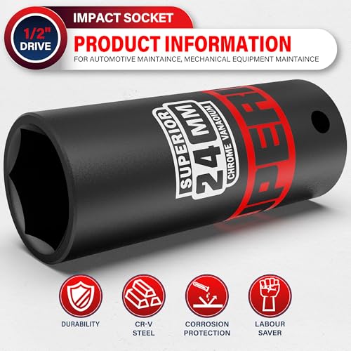 Image of 1 /2 inch Drive Impact Socket, 24 mm Deep Socket, Metric, 6 Point, CR-V, for Automotive Maintaince, Mechanical Equipment Maintaince