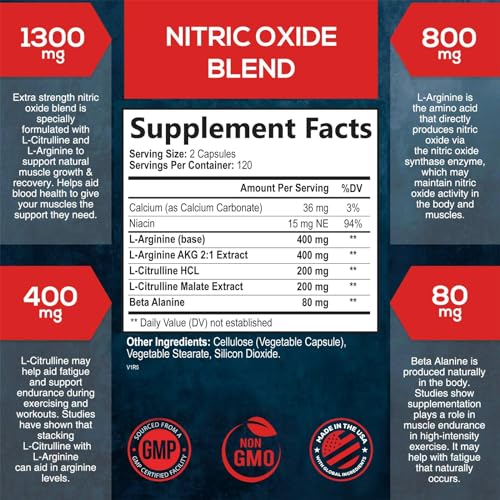 Extra Strength Nitric Oxide Supplement L Arginine 3X Strength - Citrulline Malate, AAKG, Beta Alanine - Premium Muscle Supporting Nitric Booster for Strength & Energy to Train Harder - 240 Capsules - Image 3