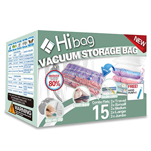 Hibag Space Saver Bags, 15-Pack Vacuum Compression Storage Bags (3 Small, 3 Medium, 3 Large, 3 Jumbo, 3 Roll Up Bags) with Hand Pump (15-Combo)