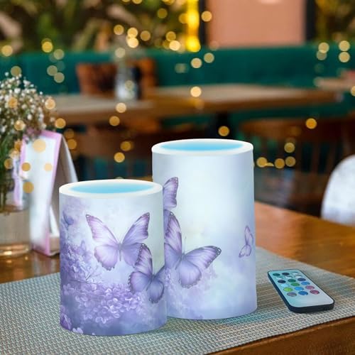 Image of Purple Lilac Butterfly Flowers Flickering Flameless Candles LED Battery Operated with Remote Timer Pillar Candles for Home Birthday Wedding Christmas Decor, Set of 2