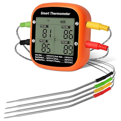 Wireless Meat Thermometer Digital, Smart Meat Thermometer with Large LCD Backlit Display, with APP Control Timer Alarm, for BBQ Grill Oven Kitchen Outdoor Cooking (4 Probes)
