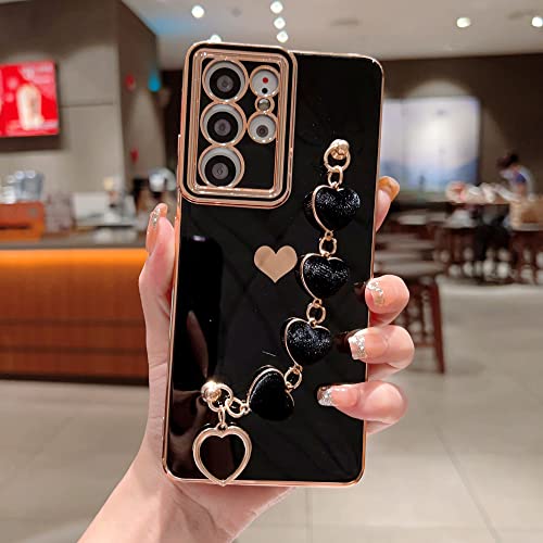 Vanipuff Samsung Galaxy S21 Ultra 5G 6.8" Phone Case With Heart Bracelet Strap Luxury Plating Cute Love Hearts Cover With Hearts Hand Chain For Women Full Camera Protection Shockproof Bumper (Black) #TOP1