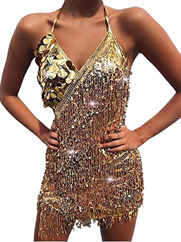 Drecode Sequin Fringe Skirt Dress Glitter Tassel Skirt Festival Rave Space Cowgirl Outfit Carnival Party Dance Costumes For Women And Girls (Gold) #TOP2
