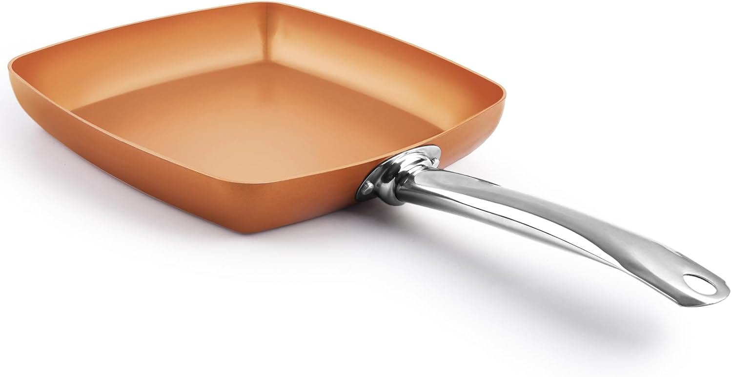 Non-Stick Copper Square Frying Pan, 9.5" Chef Skillet with Ceramic Coating, Oven Dishwasher Safe, PFOA-Free, Home Use for All Stoves 9.5 Inch