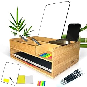 Stacki Bambus Schreibtisch Organizer mit Zübehör Whiteboard – Büro Organizer, Tisch Organizer, Handy Halterung…
