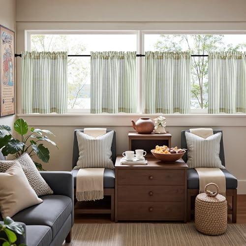jinchan Striped Linen Kitchen Curtains 24 Inches Length Tier Curtains Farmhouse Modern Cafe Style Small Window Treatments Airy Light Filtering Rod Pocket for Living Room Bathroom 2 Panels Sage Green by jinchan - Image 3