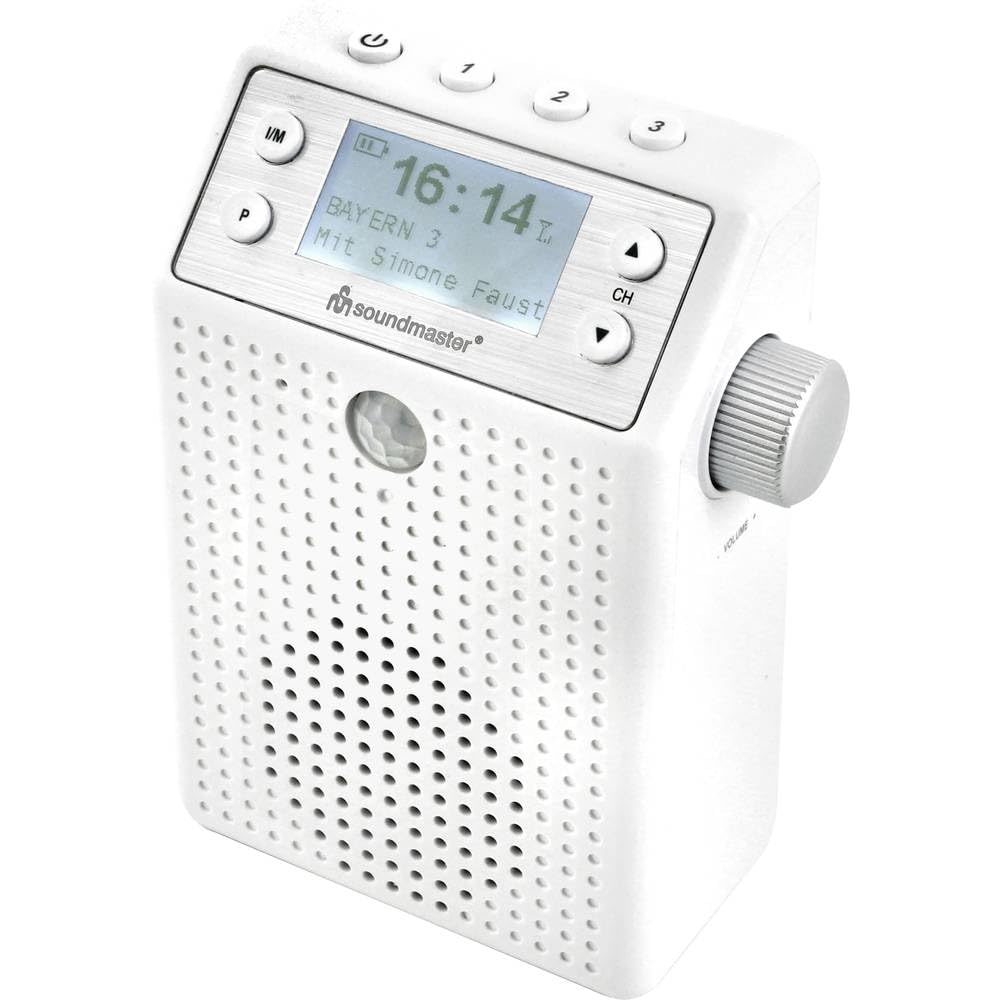 Soundmaster DAB60WE - Radio Portatil Pequeña con Radio Dab Plus/FM-RDS, Radio Bluetooth, 20 Emisoras Presintonizadas, Detector de Movimiento, Resistente a Salpicaduras IPX4