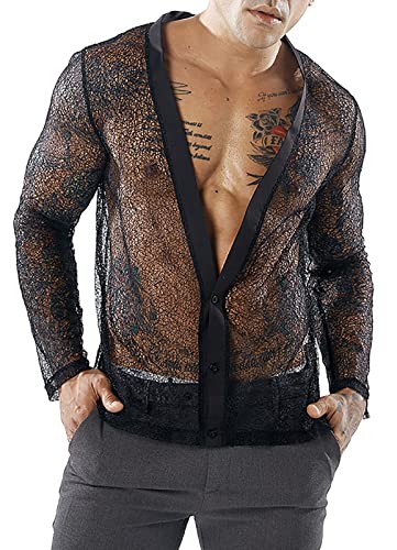 AIEOE Chemise en Filet Hommes T-Shirt Manches Longues Décolleté Profond en V Transparente Haut de Page Mince et Respirante Noir 01 FR XL/Lable Taille XXL