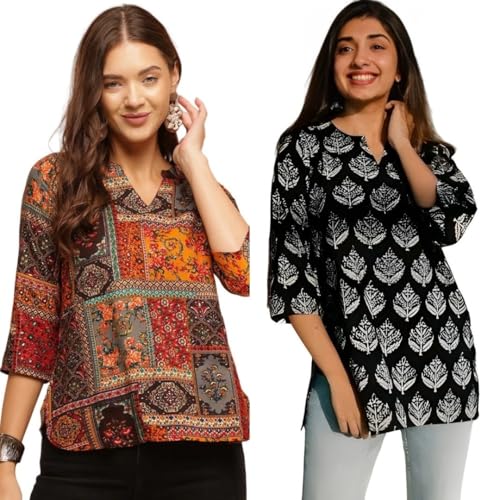 Image of Women's Cotton Printed Short Kurti, Round Neck, Three Quarter Sleeve, Straight Fit, Pack of 2
