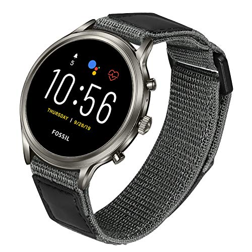 TRUMiRR Smoke Watchband for Fossil Men's Gen 6 44mm / Gen 5 Carlyle / 5E 44mm, 22mm Loop Woven Nylon & Genuine Leather Watch Band Sports Strap for Fossil Men's Gen 5 Garrett/Gen 4 Explorist HR