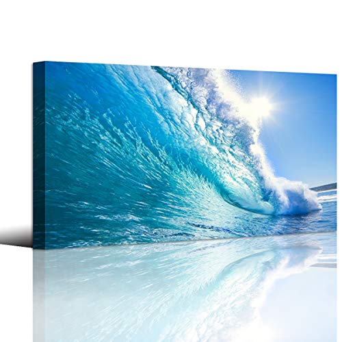 Image of Haichuang Decor Art Framed Ocean Wave Wall Art, 48x24 Inch Large Horizontal Turquoise Sea Canvas Prints, Coastal Beach Nautical Wall Decor for Living Room Bedroom Bathroom Ready to Hang