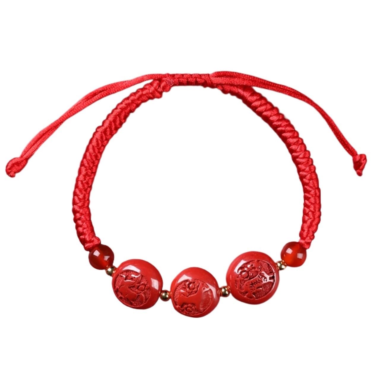 Nzpost Tiger Horse Dog_agate Bracelet, Natural Cinnabar Carved Zodiac S Lucky Charm Hand Woven Rope Red String Adjustable Bracel