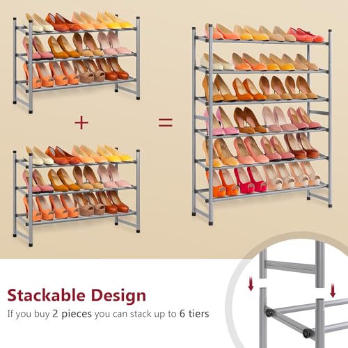 Image of Tajsoon Expandable Shoe Rack for Closet 3 Tier, 28 inch-41 inchAdjustable & Stackable Shoe Shelf Storage, Metal Shoe Rack Organizer for Front Door Entrance, Closet, Garage, Entryway, Grey