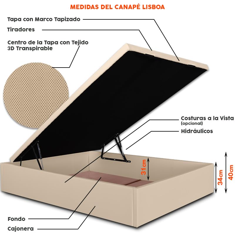 Ventadecolchones - Canapé Abatible Lisboa Gran Capacidad Tapizado en Tela Antimanchas Verde Agua Medida 150 x 180 cm