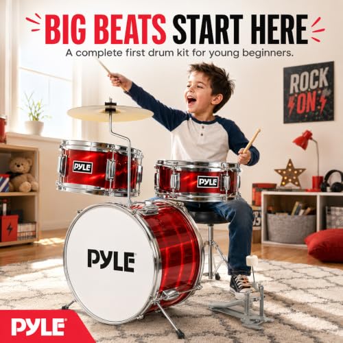 Image of Pyle Kids Drum Set, 3 Piece Beginner Junior Drummer Kit with 13 inch Bass Drum, Snare, Tom, Cymbal, Adjustable Throne, Mutes, Drumsticks, Red