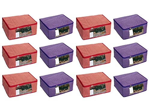 Image of Saree Organizer Bag With Transparent Window Set|Cotton Saree Cover Closet Orgnizer /Saree Bags For Wardrobe Orgnizer Clothe Covers | Bag Clothe|Suit Bag (Pack of 12, Red + Purple)