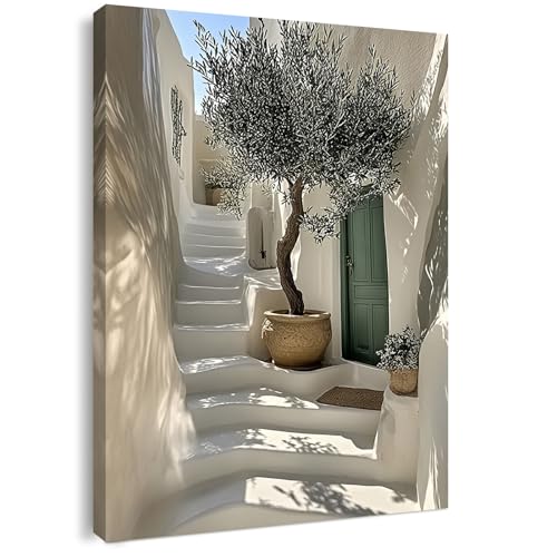 Canvas Wall Art Framed Mediterranean Olive Tree on White Steps Artwork Greek Island Style Wall Decor for Living Room Bedroom Hallway or Entryway Home Decoration with Hooks and Nails 12x16 Inch