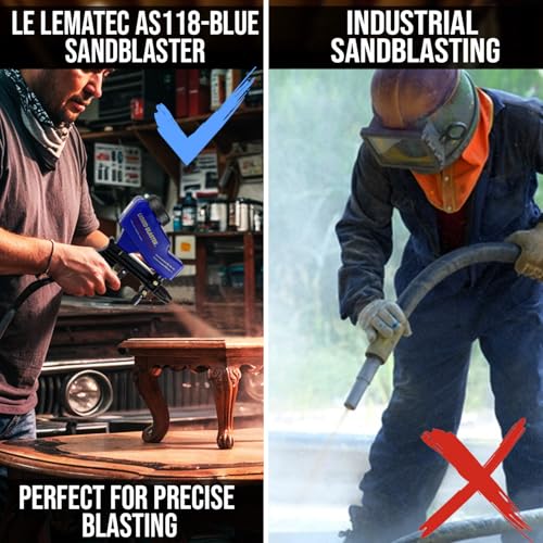 LE LEMATEC Gravity Feed Sandblaster Gun Kit, AS118 - for Light-Duty DIY Projects, Spot Cleaning, and Surface Finishing on Metal & Wood. Requires 7 SCFM Air Compressor & #46-100 Grit Abrasive Media.