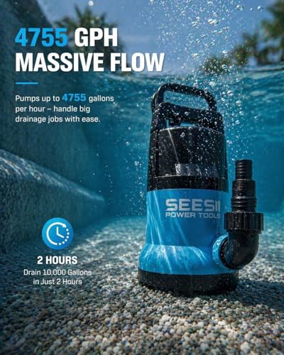 Image of SEESII 1HP Submersible Water Pump, 4755GPH High Flow Sump Pump with 23ft Hose Kit, Anti-Clogging Filter Net for Swimming Pool Hot Tub Pond Basement Rooftop Garden Water Removal
