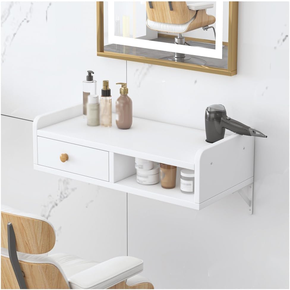 Wall Mounted Beauty Salon Station with Drawer and Hair Dryer Holes, Modern Floating Wall Shelf Storage Organizer for SPA, Home,White,30x50cm