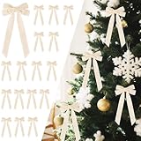 Senjie 16Pcs Velvet Ribbon Bows for Christmas Tree, Vintage Rustic Small Craft Bows Ornaments for Garland Wreath Gift Wrapping Candy Bags Party DIY Decorations (Beige, 5' x 10', Width of 1')