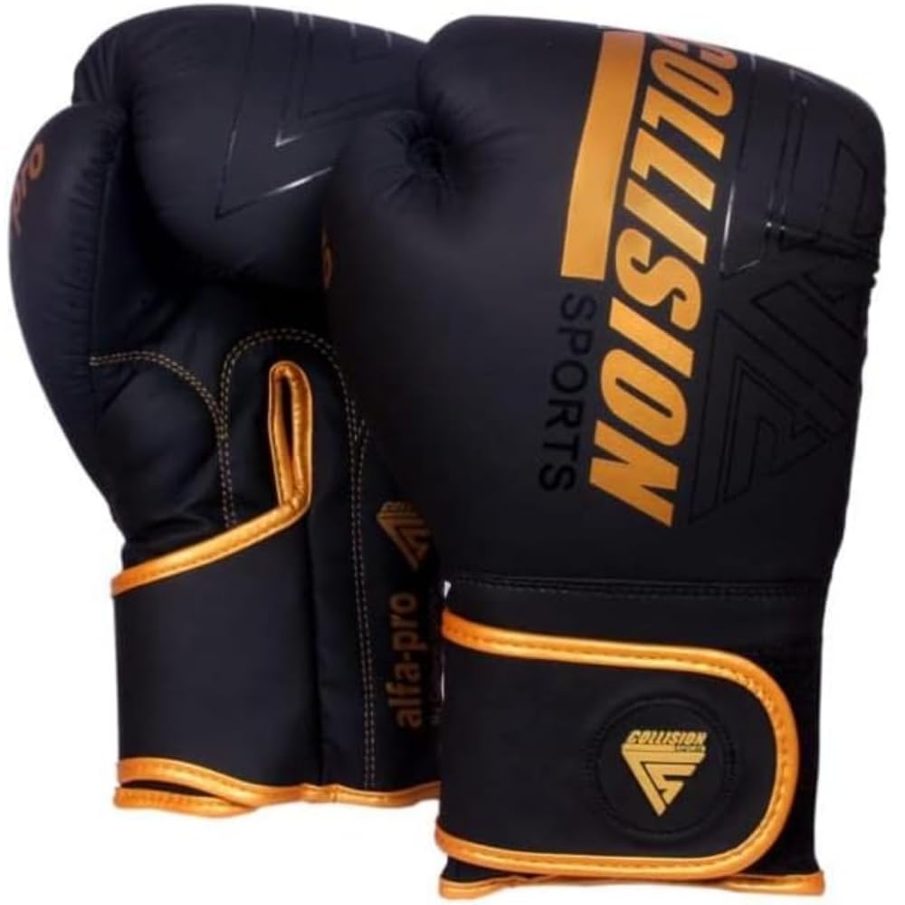 Collision Sports Professional Unisex Boxing Gloves | MMA Muay Thai Boxing Gloves For Training | Multi-Layered Ventilated Sparring Gloves (Golden/Black, 12 oz)