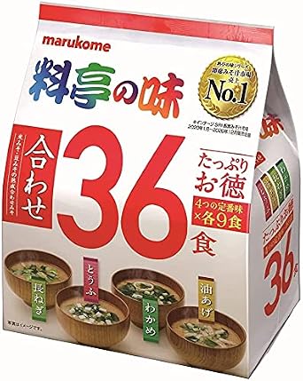 Marukome Miso Ryotei no Aji Soup 4 Flavours, Pack of 36 Japanese Instant Miso Soups Wakame Seaweed, Green Onions, Tofu, Aburaage