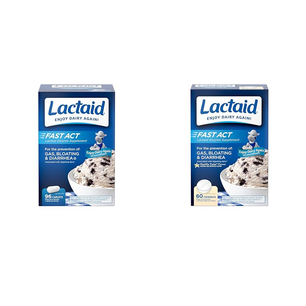 Lactaid Fast Act Lactose Intolerance Relief Caplets with Lactase Enzyme, 96 Count & Fast Act Lactose Intolerance Chewables with Lactase Enzymes, Vanilla, 60 Count (Pack of 1)
