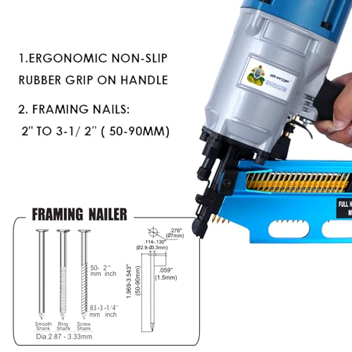 Image of Honduras Style 9021NS Framing Nailer 21 Degree 3-1 /2 inch with Depth Adjustment Professional Air Nail Gun