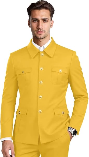 Mens Safari Suits Regular Fit Casual 2 Piece Suits for Men Business Mens Suit Multi Pocket Blazer Jacket Pants Set