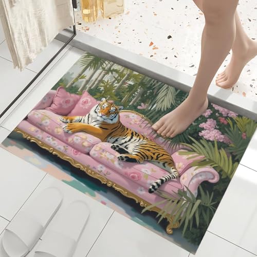 Tapis absorbant tigre rose-vert 45x75cm avec microfibres douces - 7