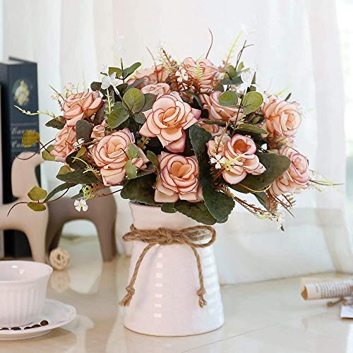 LESING Artificial Rose Flowers in Vase Fake Silk Flower Bouquets with Ceramics Vase for Table Centerpieces Linning Roon Kitchen Decoration (Pink)