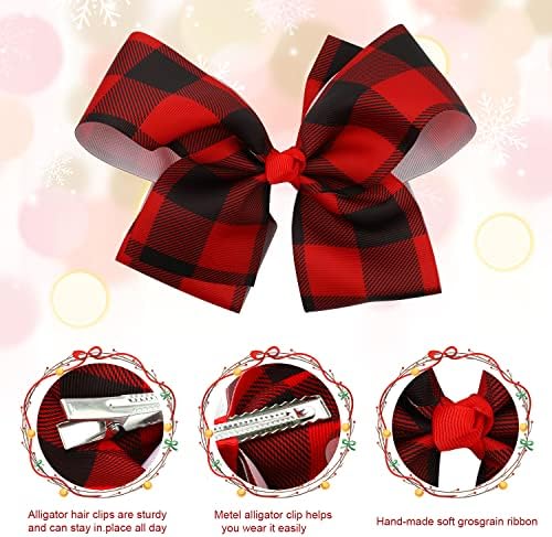Christmas Hair Bows for Girls, 6inch / 16cm Large Christmas Bow Hair Clips Hairpin Red and Black Plaid Hair Bows for Girls Women Christmas Daily Use (2 Packs)