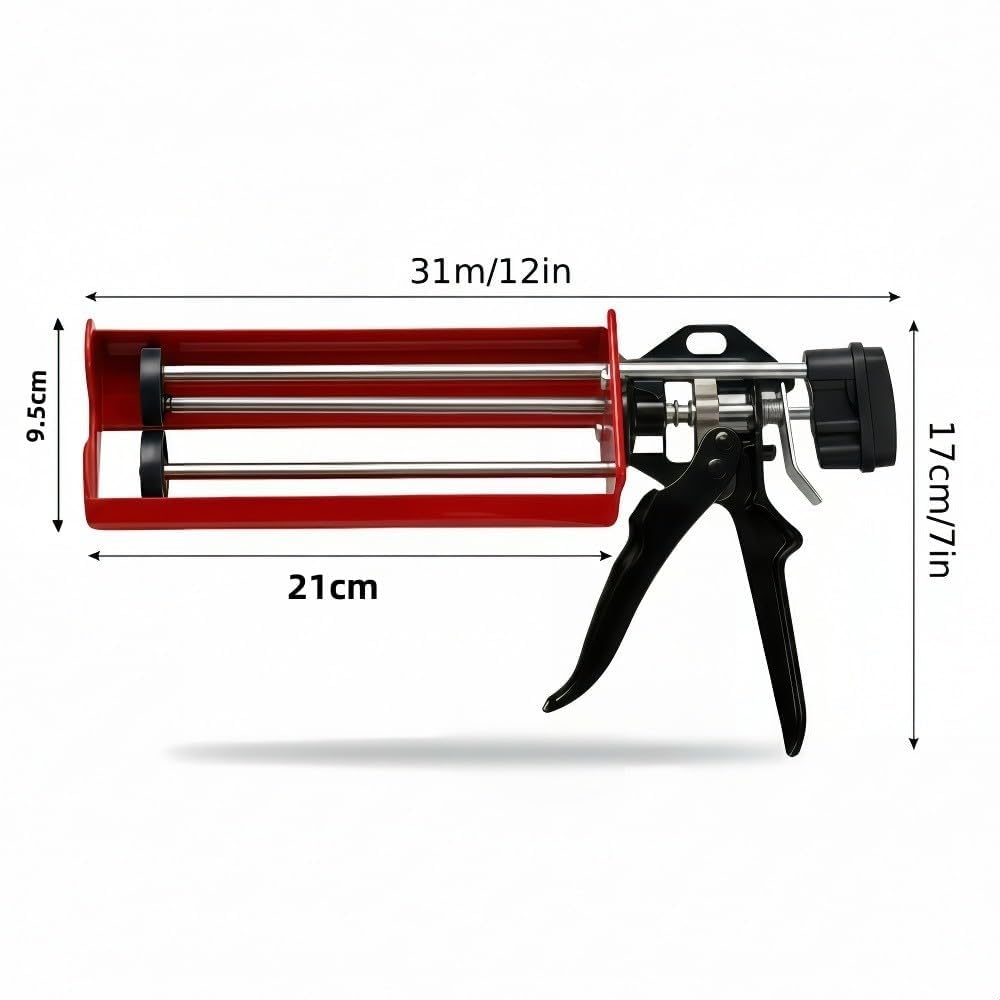 Doppeldichtstoffpistole für Doppelkomponenten (Mischungsverhältnis 1:1), bis zu 400 ml, manuelle Dichtstoffpistole für Klebstoffe, Dichtstoffe, Epoxid, mit 2 Silikon-Nahtwerkzeugen, Rot