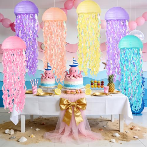 Image of Jellyfish Paper Lanterns 6 Pacs Under The Sea Party Decorations Mermaid Party Baby Shower Decorations Blue Hanging Jelly Fish for Ocean Spongebob Birthday Party Decorations (Macaron)