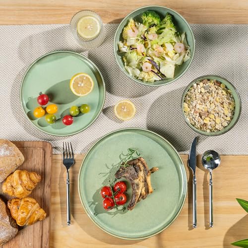 GBhome Geschirrset 4 Personen, 12-tlg Reaktive Glasur Handarbeit Steingut Geschirr Set, Mikrowellen- & Spülmaschinenfest Schüssel- und Teller Set, Pastellgrün, GDW067GN-EU