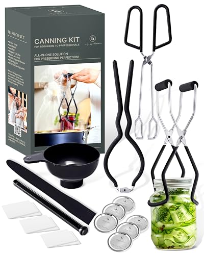 Canning Supplies Set of 18 – Beginner Canning Kit – Complete Home Canner Equipment – Jar Lifter, Funnel, Wrench, Tongs, Bubble Popper, Magnetic Lid Lifter, (6) Labels & (6) Lids