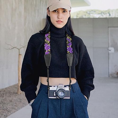 Image of Padwa Lifestyle Purple Rose Camera Strap - 2 inch Full Grain Leather Ends Camera Straps for Photographers, Vintage Embroidered Cotton Soft Suede Fabric Padded Strap Quick Release fits All Cameras