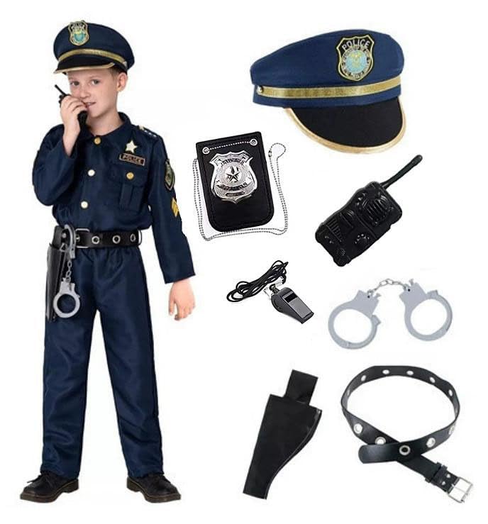JUSTADIL 9 Pcs Police Costumes for Kids Dress Up Role Cosplay Party Pretend Play-Gift for Kids Ages 3-12 Years Birthday (S (100-110CM))
