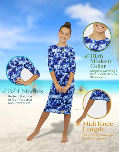 Image of Shira Modest Girls Swim Dress | 3 /4 Sleeve Swimdress, Full Coverage Bathing Suit | Tznius UPF 50+ Quick-Dry