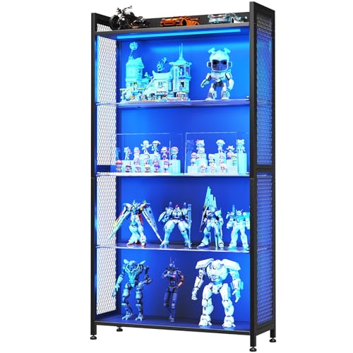 MOTPK Display Cabinet with LED Lights, Display Case with Glass Storage Shelves, 4-Tiers Curio...
