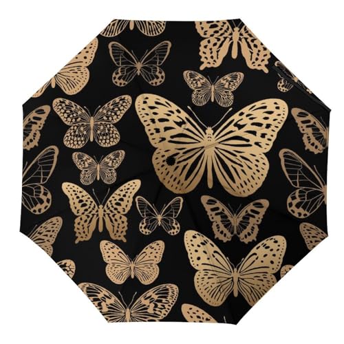Parapluie voyage compact automatique au motif papillon d'or