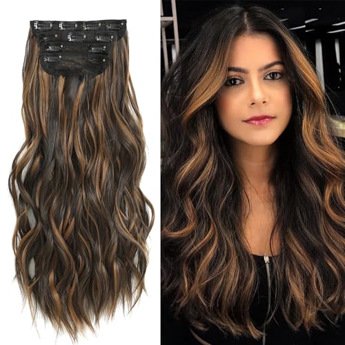 Highlight Balayage Brown Clip in Synthetic Hair Extensions, 4Pcs Naturally Soft Hair & Blends Well Hair Extensions, Long Wavy Thick Hairpieces for Women(20Inch, Dark roasted coffee & Caraamel brown)