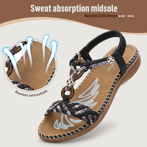 Image of Littleplum Women Sandals Arch Support Handmade Bohemian Braided Flat Sandals Comfort Walking Beach Ankle Elastic Summer Shoes