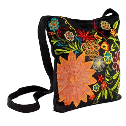 NOVICA Artisan Handmade Embroidered Cotton Blend Shoulder Bag Floral Embroidery Black Handbags Multicolor India ' Tropical Paradise'2