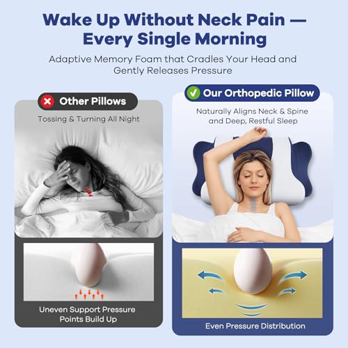 Image of Cervical Neck Pillow for Pain Relief,Cervical Pillow with Memory Foam Ergonomic Pillows with Dual Heights for Back,Stomach and Side Sleepers Kids' Floor Pillows Cushions (Dark Blue, Standard 27 inchx16 inch)